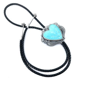 Turquoise Mountain heart bolo with cast sterling silver flowers and leaves, black braided cord, handcrafted silver Western jewelry