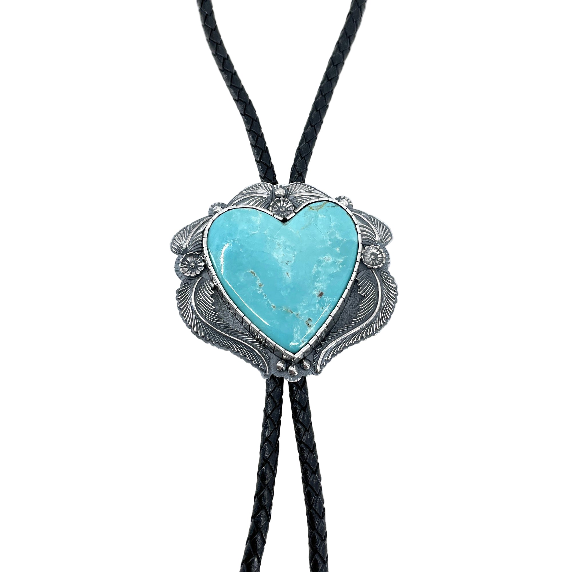 Turquoise Mountain heart bolo with cast sterling silver flowers and leaves, black braided cord, handcrafted silver Western jewelry