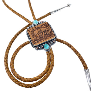 Mare and Foal bolo with Carico Lake turquoise and western leather belt insert, brown braided leather, handcrafted Western jewelry