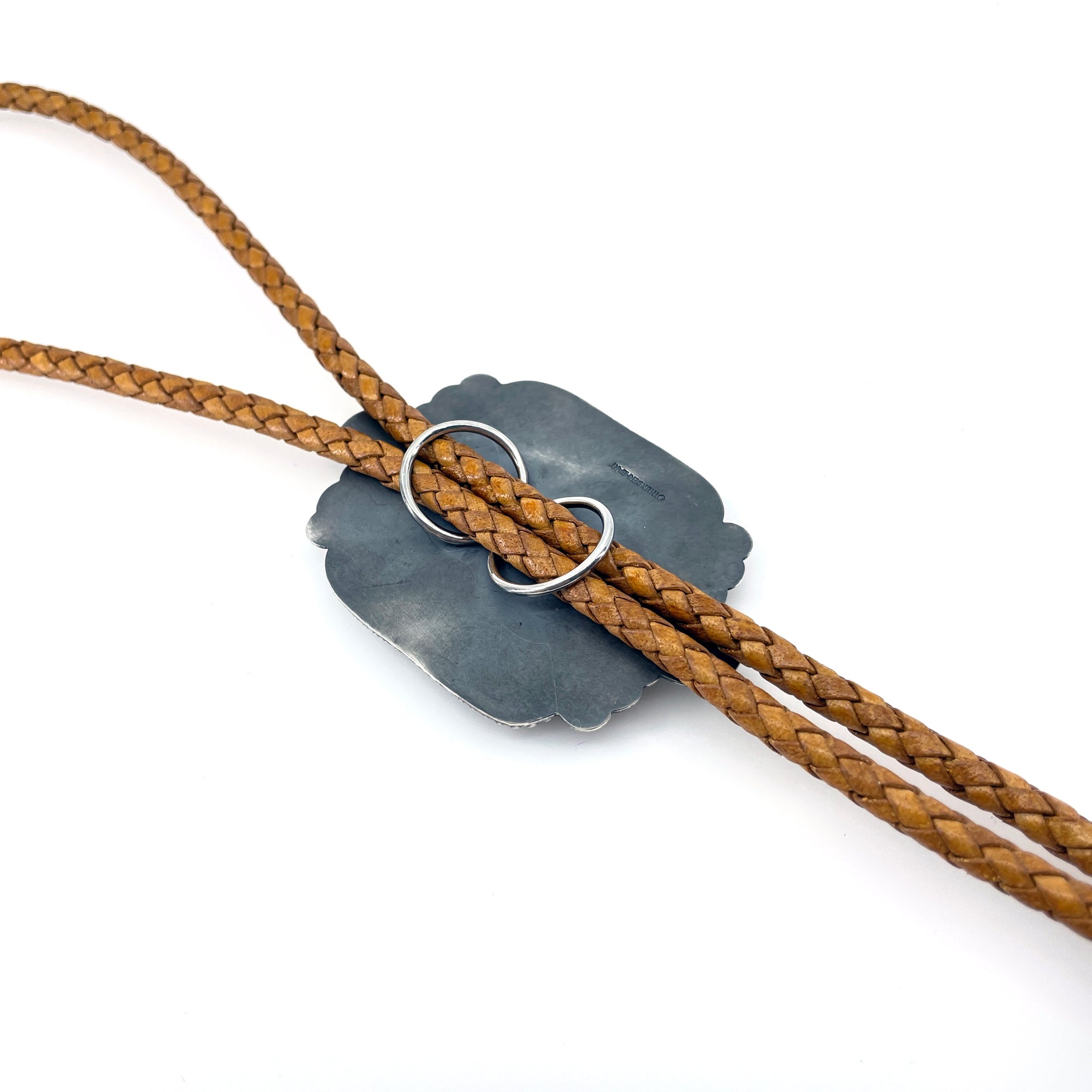 Back of Mare and Foal bolo with Carico Lake turquoise and western leather belt insert, brown braided leather, handcrafted Western jewelry