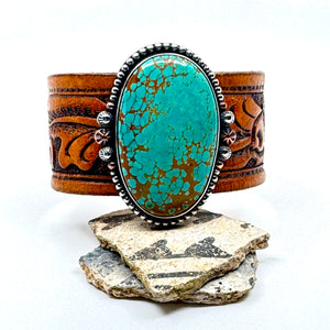Leather cuff bracelet with Pilot Mountain Turquoise stone on brown western leather belt