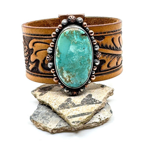 Leather cuff bracelet with Carico Lake turquoise stone on western leather belt
