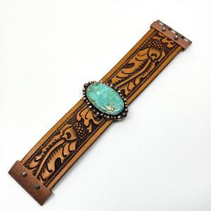 flat view of Leather cuff bracelet with Carico Lake turquoise stone on western leather belt