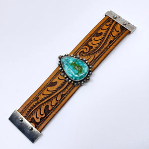 Flat view of Leather cuff bracelet with Sonoran Gold turquoise stone on western leather belt