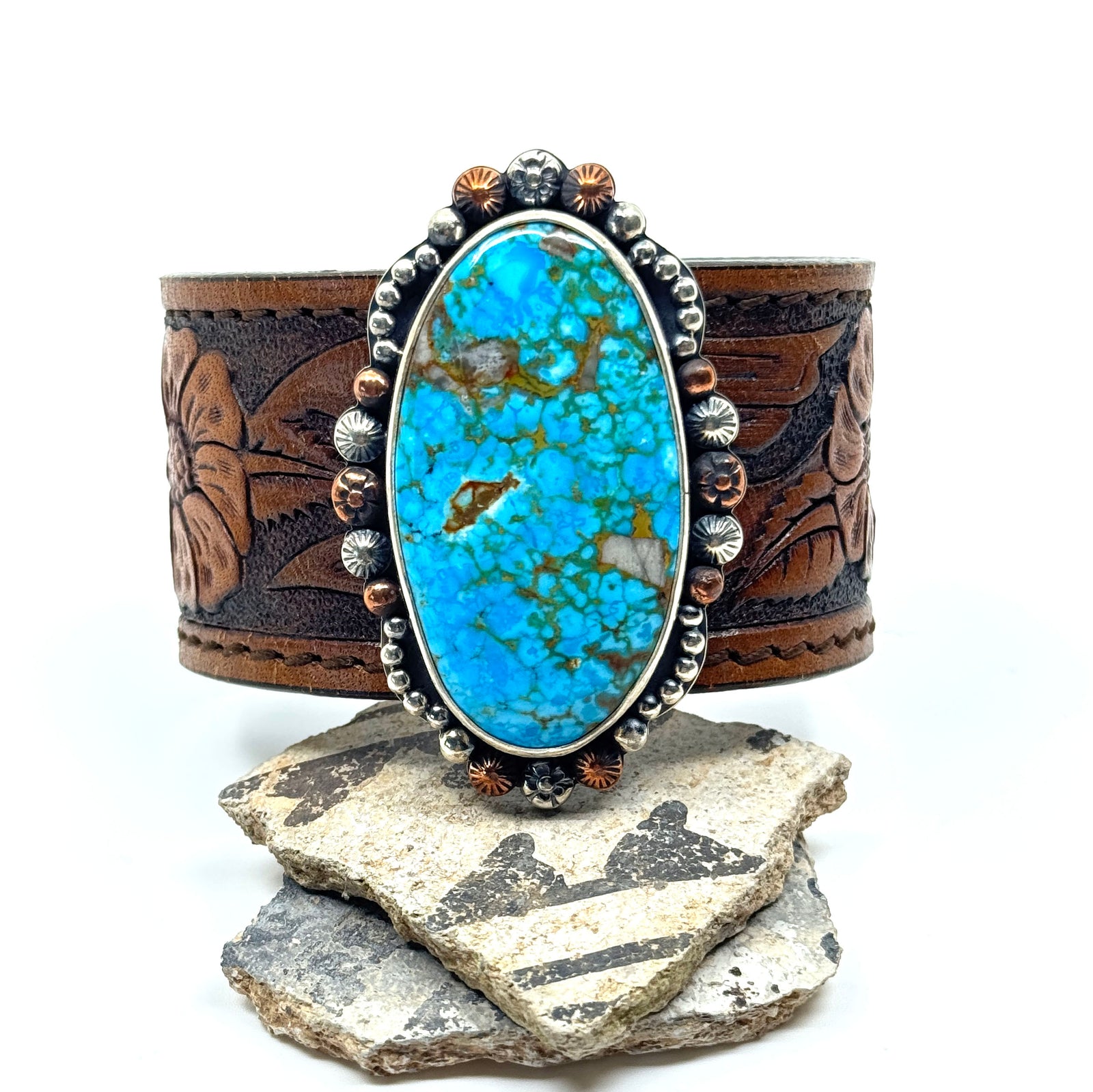 Leather cuff bracelet with Kingman turquoise stone on floral western leather belt