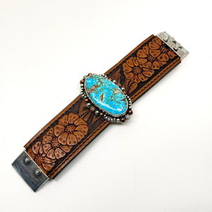 Flat view of Leather cuff bracelet with Kingman turquoise stone on western floral  leather belt