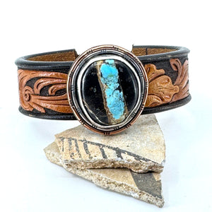 Leather cuff bracelet with Blackjack turquoise stone on floral western leather belt