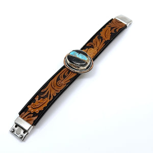 Flat view of Leather cuff bracelet with Blackjack turquoise stone on western floral leather belt