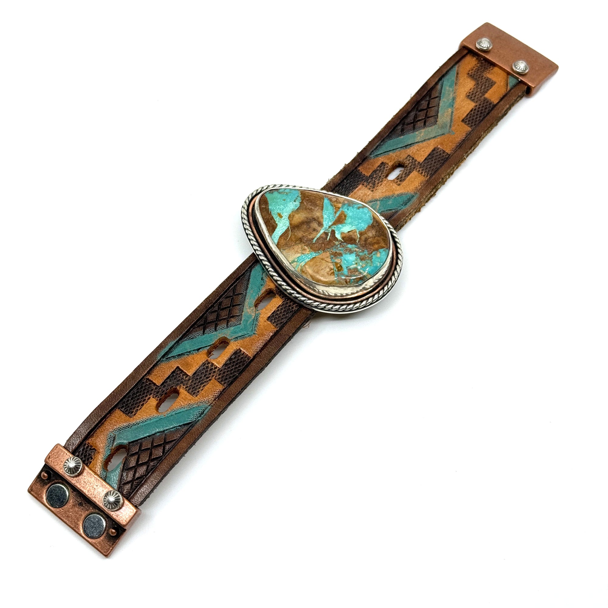 Flat view of Leather cuff bracelet with Blue Moon turquoise stone on colorful southwestern leather belt