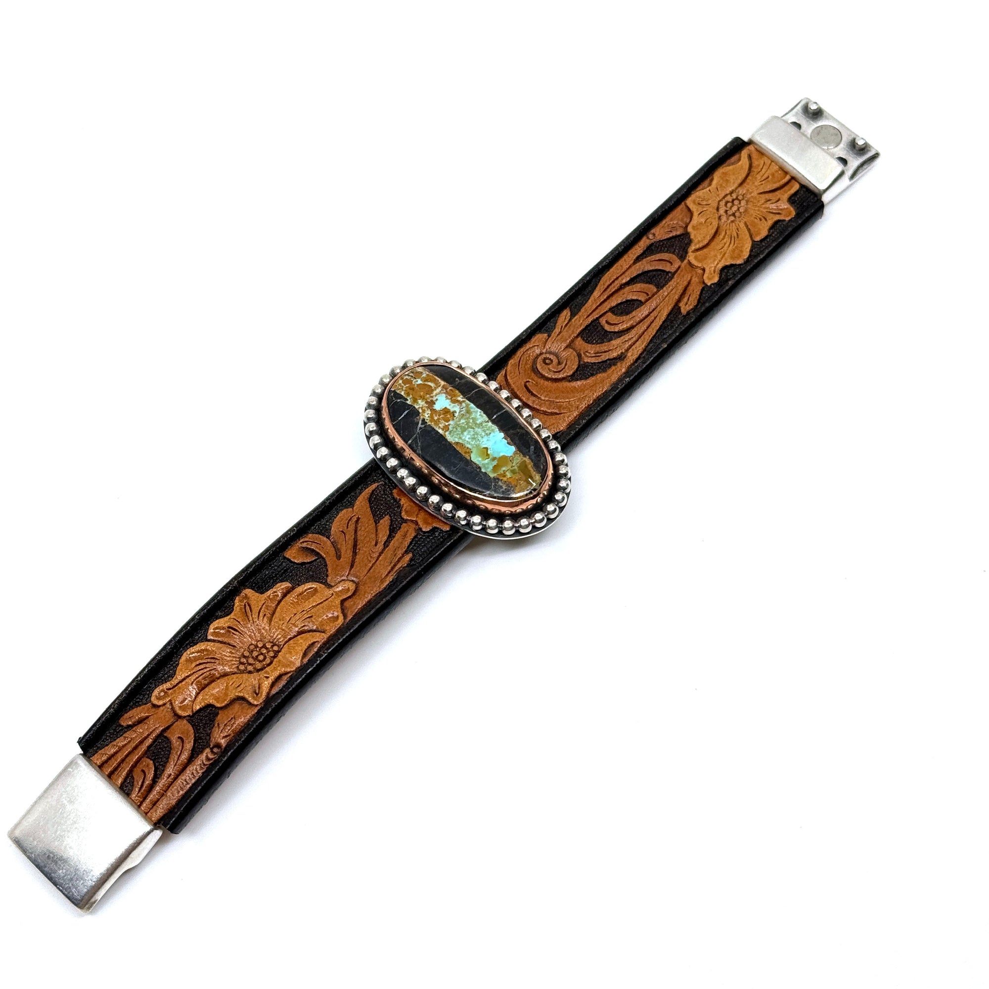 Flat view of Leather cuff bracelet with Blackjack turquoise stone on western floral leather belt