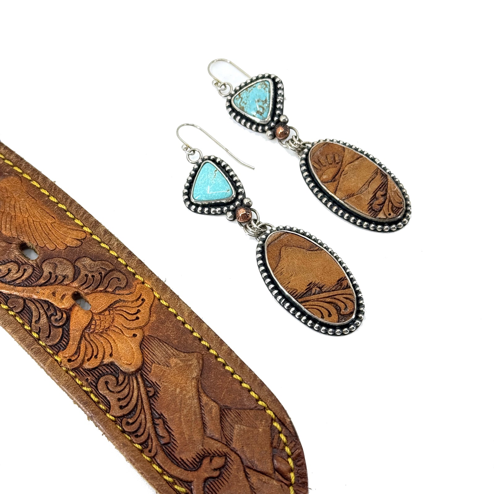 Rare #8 turquoise and recycled Western leather earrings with sterling silver and copper accents, handcrafted in Arizona.