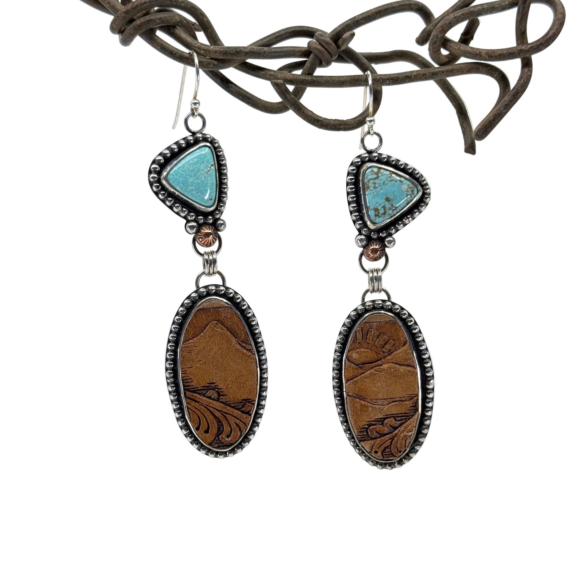 Rare #8 turquoise and recycled Western leather earrings with sterling silver and copper accents, handcrafted in Arizona.