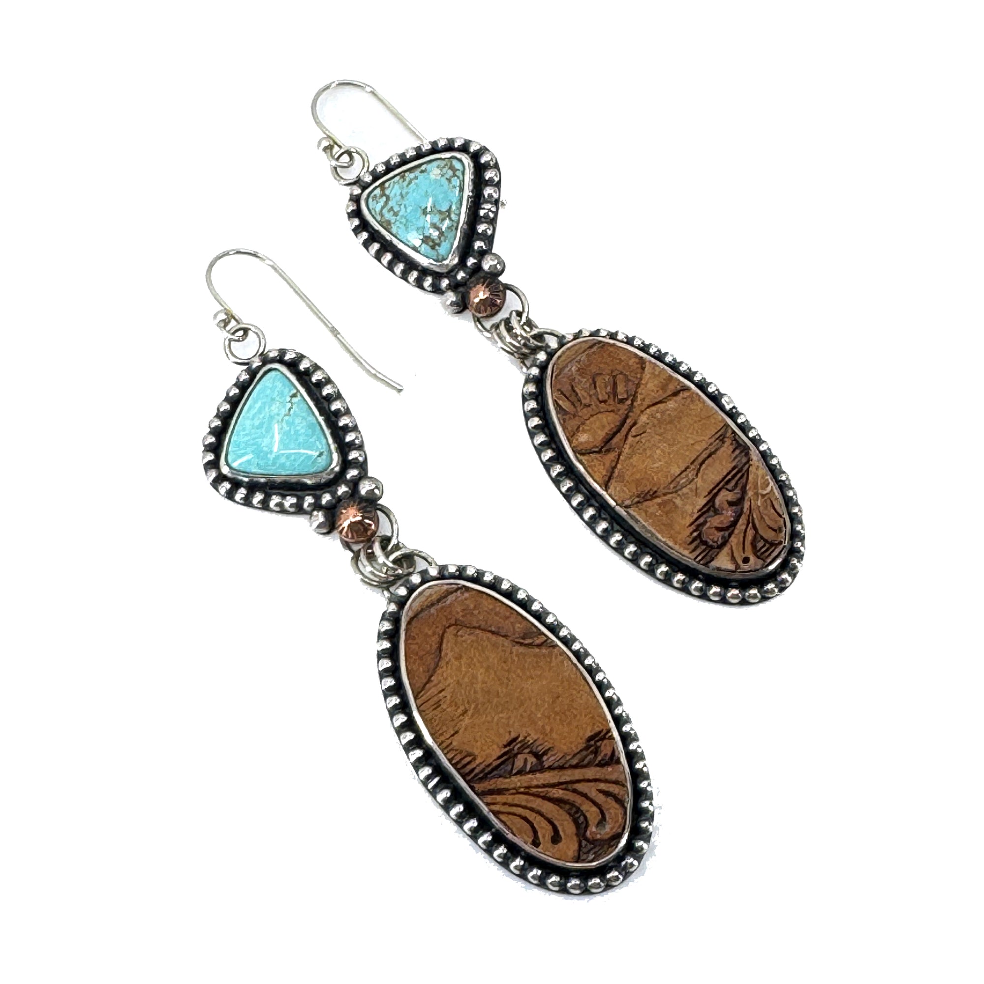 Rare #8 turquoise and recycled Western leather earrings with sterling silver and copper accents, handcrafted in Arizona.