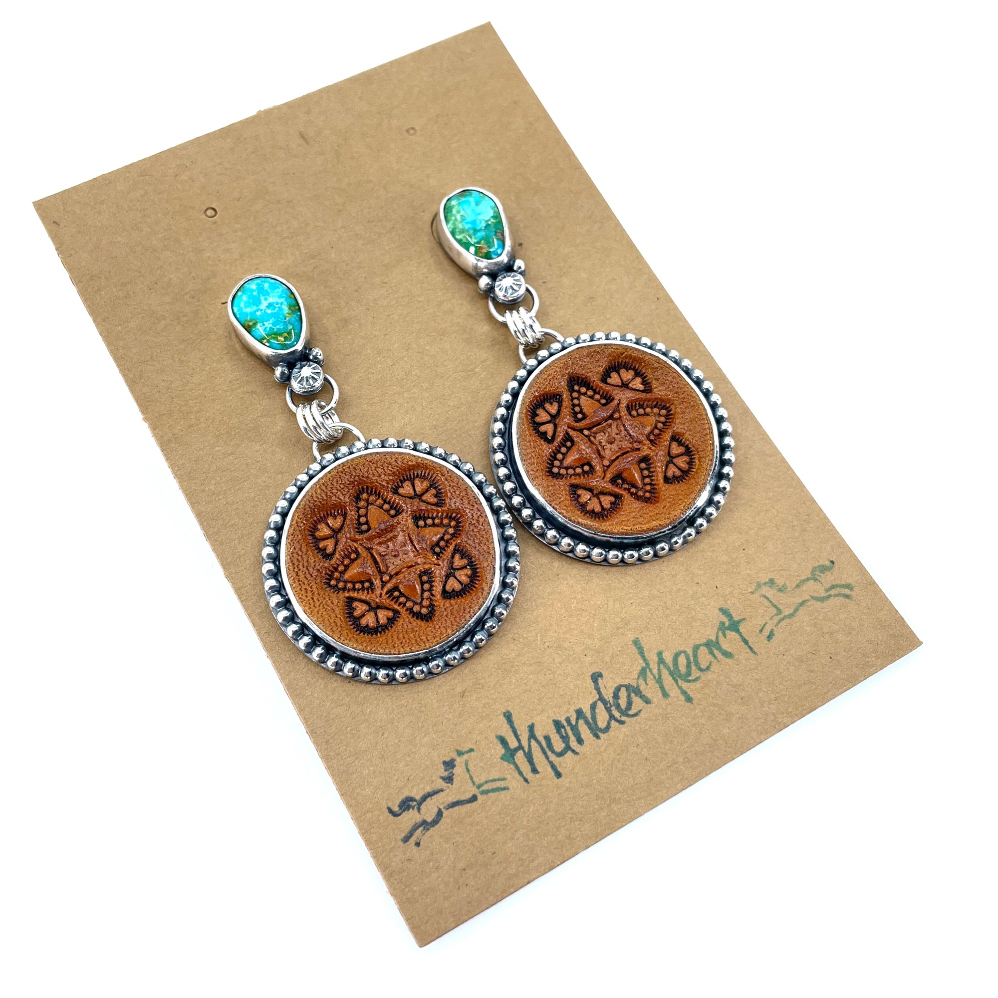 Post earrings with Sonoran Gold turquoise and leather drops, handcrafted jewelry.
