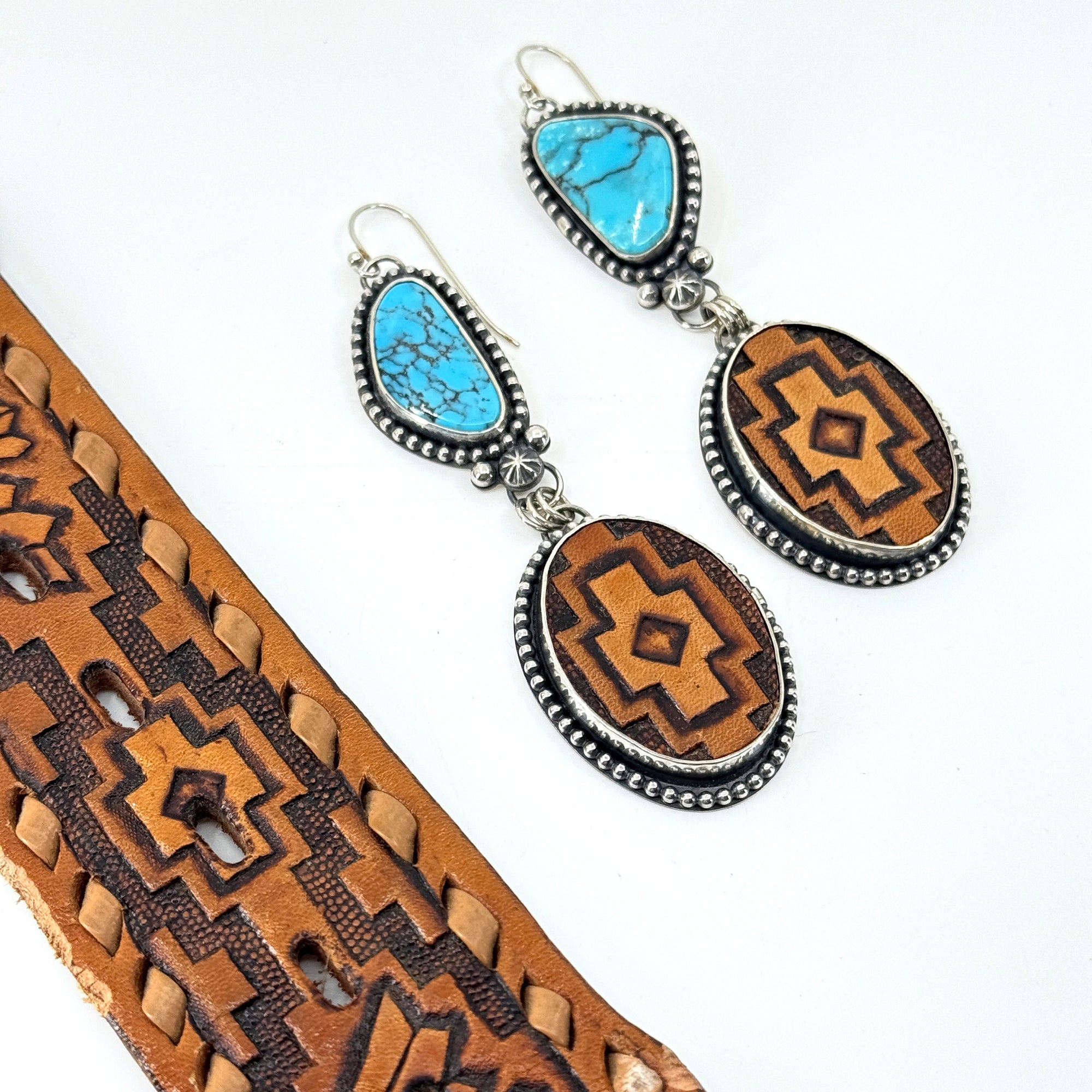 Kingman turquoise and recycled Western belt leather cross earrings, handcrafted silver and leather Western jewelry