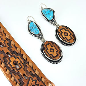 Kingman turquoise and recycled Western belt leather cross earrings, handcrafted silver and leather Western jewelry