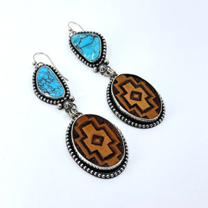 Kingman turquoise and recycled Western belt leather cross earrings, handcrafted silver and leather Western jewelry