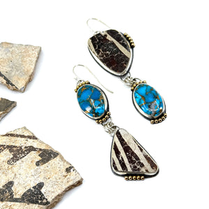 Asymmetrical earrings with Kingman Mojave blue turquoise and authentic pottery shards, handcrafted jewelry.