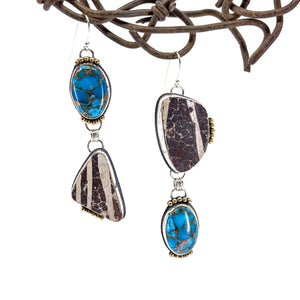 Asymmetrical earrings with Kingman Mojave blue turquoise and authentic pottery shards, handcrafted jewelry.