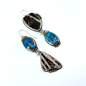 Asymmetrical earrings with Kingman Mojave blue turquoise and authentic pottery shards, handcrafted jewelry.