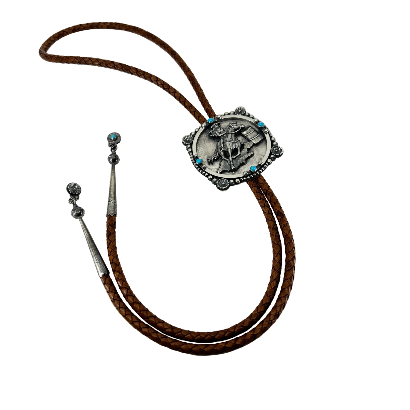 Barrel Racer Bolo tie with silver tips and black leather cord 