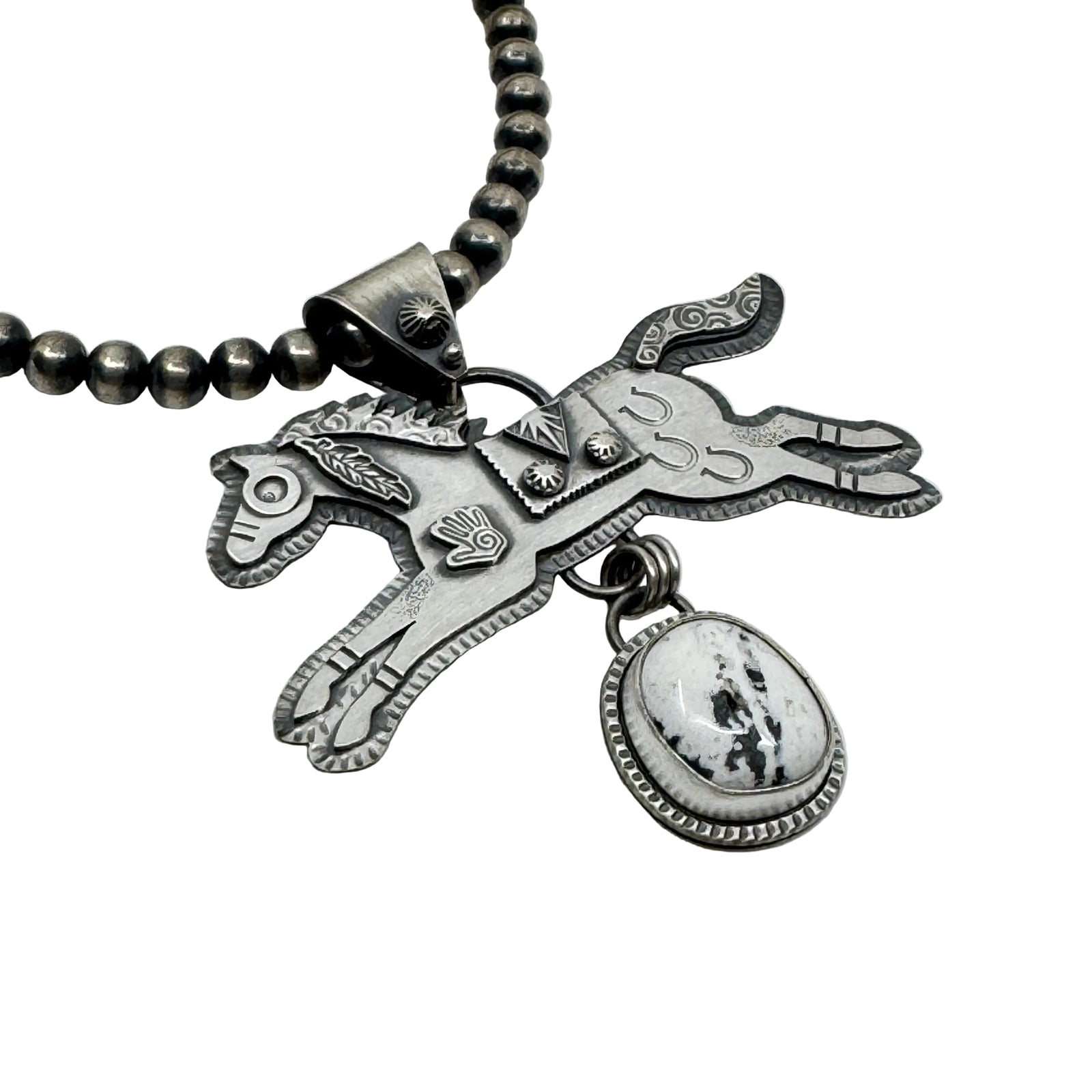 Silver Spirit Horse pendant necklace with  white buffalo stone