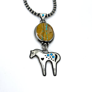 Appaloosa necklace featuring Royston ribbon and Sleeping Beauty turquoise on Navajo Pearls, handcrafted Western jewelry