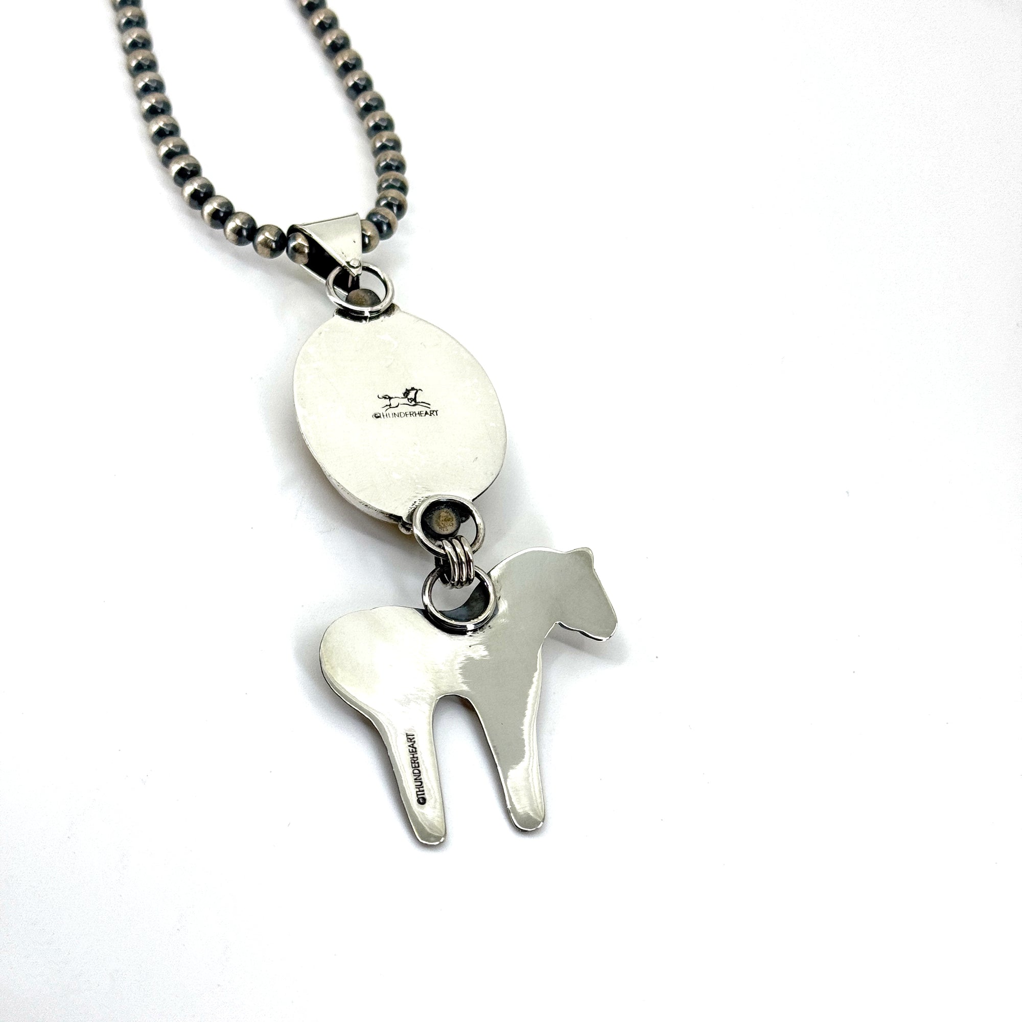 Back of Appaloosa necklace featuring Royston ribbon and Sleeping Beauty turquoise on Navajo Pearls, handcrafted Western jewelry