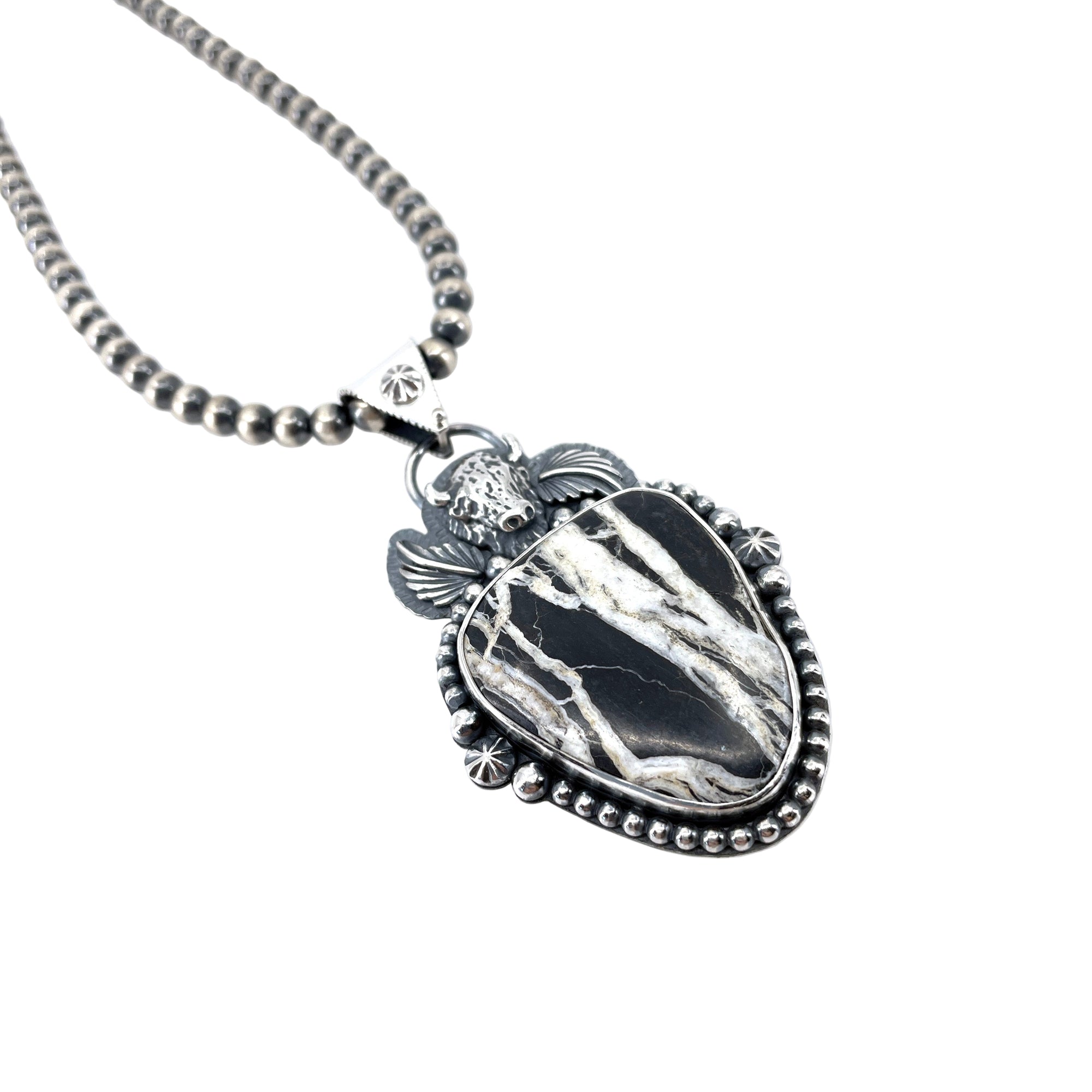White Buffalo Lightning necklace with cast sterling silver buffalo and Navajo pearls, handcrafted Western jewelry