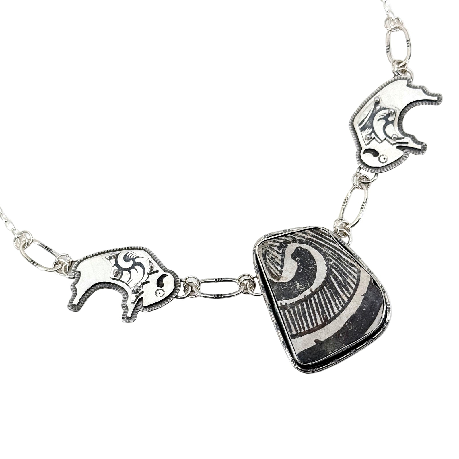 Sterling silver overlay buffalo necklace with authentic pottery shard, handcrafted by Thunderheart Jewelry in Arizona.
