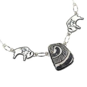 Sterling silver overlay buffalo necklace with authentic pottery shard, handcrafted by Thunderheart Jewelry in Arizona.