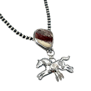 Sterling silver Spirit Horse necklace with rare red buffalo stone on Navajo pearls, handcrafted in Arizona by Thunderheart Jewelry.
