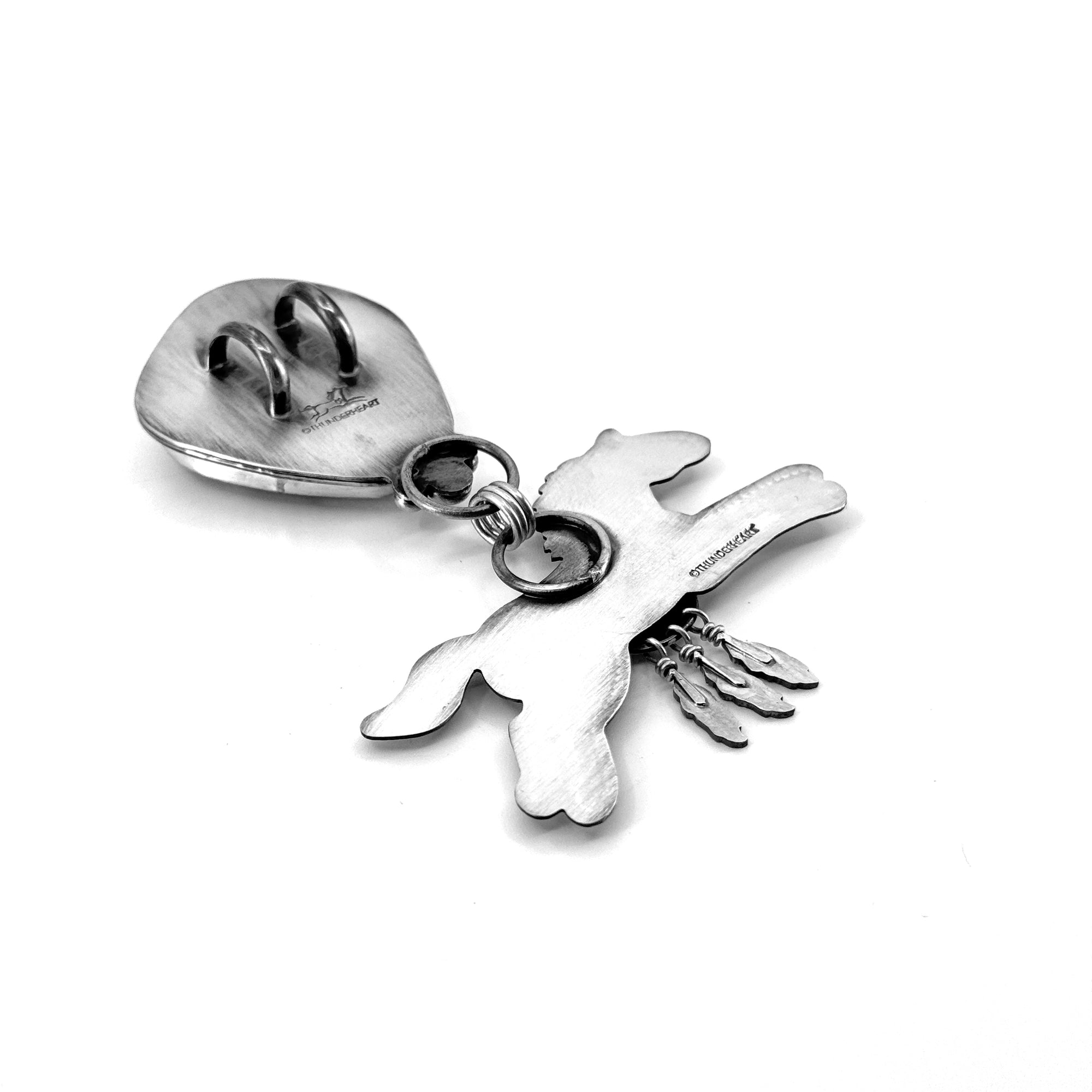 Back of Sterling silver Spirit Horse pendant with rare red buffalo stone, handcrafted in Arizona by Thunderheart Jewelry.