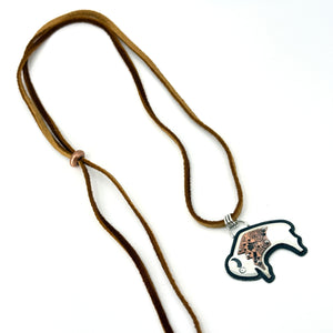 Sterling silver overlay buffalo necklace with copper detail, handcrafted by Thunderheart Jewelry in Arizona