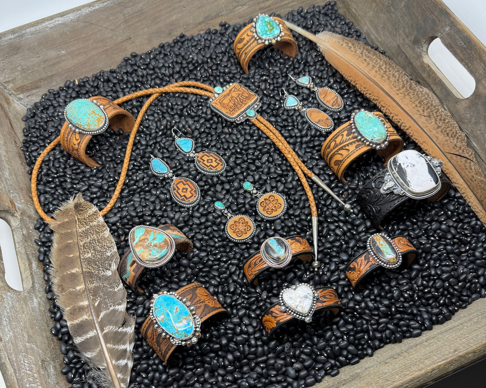 Trails & Turquoise Collection featuring Western Jewelry with Leather and Turquoise Cuffs, Bolos and earrings.